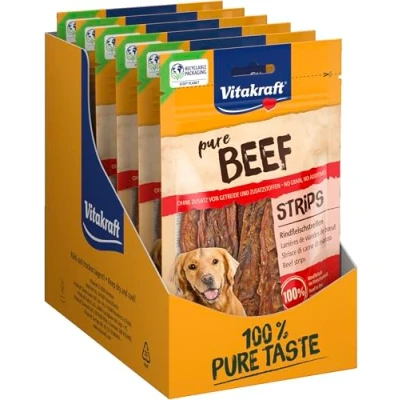 Immagine di Vitakraft Fleischsnacks, Beef Strips, strisce di manzo, leccornie carne per cani, con in sacchetto richiudibile, senza l&#039;aggiunta zucchero e cereali (10x 80g)