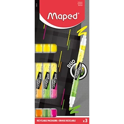Immagine di Maped 3 evidenziatori fluorescenti Peps Duo Penne 2 in 1 con doppia punta Comodo per scrivere su tutti i tipi di carta Feltro fluorescente ergonomico giallo + verde rosa