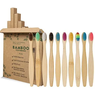 Immagine di GeekerChip Spazzolino Bamboo per Bambini[10 Pezzi],Spazzolino di Bambù Biodegradabili con Setole Carbone Morbide e Disegno Ergonomica 10 Colori