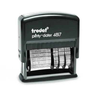 Immagine di Modulo timbro data Trodat Printy 4817, autoinchiostrante, con 12 testi commerciali in tedesco, inchiostro nero.