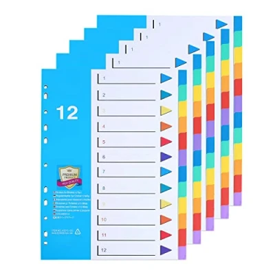 Immagine di 5 Pezzi Divisori per Raccoglitori A4 con 12 Linguette Colorate, Numerati 1 12,Divisori e Segnaletica 11 Fori Classificazione dei Documenti Scuola Ufficio