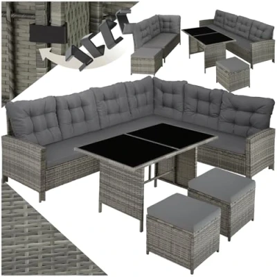 Immagine di TecTake® Salotto in Rattan Barletta, Set di Mobili da Esterno, Telaio Acciaio, Tavolino con 2 Piani Vetro, Divani, Morbidi Cuscini, Comodi Sgabelli Poggiapiedi Grigio/Beige