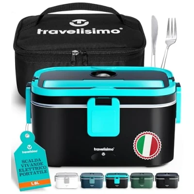 Immagine di TRAVELISIMO Scaldavivande Elettrico Portatile, 80W Porta Pranzo Termico, 220V/12V/24V Scalda Vivande Portatile per Auto Camion e Ufficio, 1,8L Lunch Box Termico di Acciaio Inossidabile