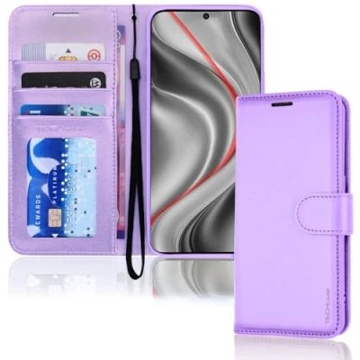 Immagine di TECHGEAR Custodia a Portafoglio in Pelle per Galaxy S24 Plus, Protettiva Flip con Porta Carte Portafoglio, Supporto e Cinturino da Polso PU Viola Chiusura Magnetica Progettata