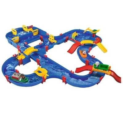 Immagine di BIG Spielwarenfabrik 1650 AquaPlay AmphieWorld, 145 x 156 cm, con 79 pezzi, set da gioco 2 barche, auto anfibi e 3 personaggi, per bambini dai anni in su