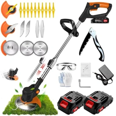 Immagine di Decespugliatore a Batteria, Elettrico Con 2 Batterie da 21V 2000 mAh e Caricabatterie, Tagliabordi batteria Lama in Metallo, Lunghezza regolabile, Adatto per Giardini Prati