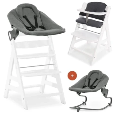 Immagine di hauck Seggiolone Pappa Evolutivo Alpha Plus Newborn Set Premium, Da 0 Mesi con Sdraietta Neonati Reclinabile Premium Extra Piatta, Cuscino in Cotone (Bouncer Dark Grey, Bianco)
