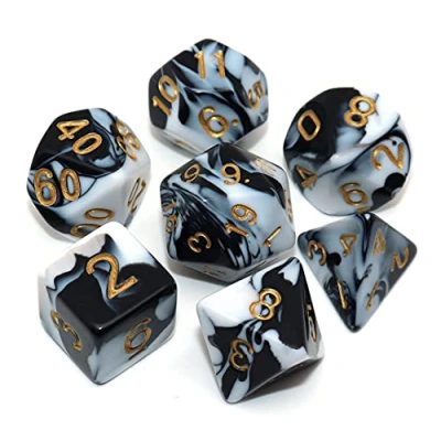Immagine di CREEBUY, set di dadi poliedrici bianchi e neri per dungeon dragons, D&amp;D pathfinder, 7 giochi ruolo, con sacchetto