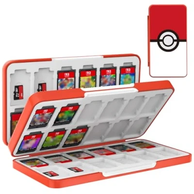 Immagine di TiMOVO Giochi Custodia Porta Cartucce di Gioco per Switch OLED Model 2021/Switch/Switch Lite, Organizer 48 &amp; 24 Schede SD, Compatto e Portatile Case, Poke Ball Rosso