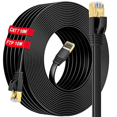 Immagine di Cavo Ethernet 10 metri Cat 7, di Rete LAN 10m Alta Velocità Gigabit RJ45 Piatto Internet Lungo Schermato Impermeabile, S/FTP Gbps (10 Clips), per Xbox/Switch/Router/Gioco/Modem
