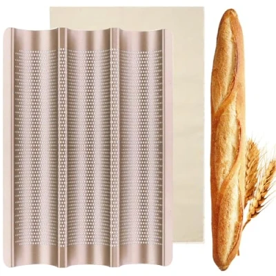 Immagine di QIYILE Stampo per baguette, 3 in acciaio, con rivestimento antiaderente, pane, accessori, 38,5 x 27,5 cm