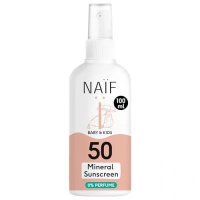 Immagine di Naïf Spray solare minerale per neonati e bambini SPF 50 Senza octocrylene Protezione UVA UVB Resistente all&#039;acqua Dermatologicamente testato microplastica 100 ml