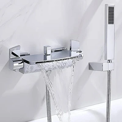 Immagine di Gx Rubinetto Vasca Bagno Cascata con Doccetta, Ottone Cromato Due Maniglie Miscelatore A Parete Supporto E Tubo da 150Cm, Sistema Doccia