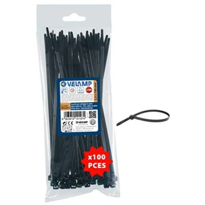 Immagine di VELAMP Fascette stringicavo Colore nero 2,5 x 100mm Confezione 100pz Ideali per cablaggi elettrici