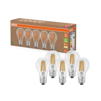 Immagine di OSRAM Lampade LED ad alta efficienza con classe di energetica A, Confezione vantaggiosa 5 lampadine, sostituzione 100W, bianco caldo (2700K), E27,vetro a filamento