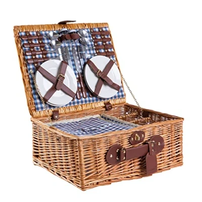 Immagine di eGenuss Cestino da Picnic in Vimini per 4 Persone con Scompartimento isotermico e Accessori Inclusi Fantasia a Quadretti Blu Bianchi, 47 x 36 20 cm