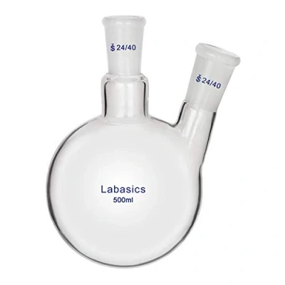 Immagine di Labasics 500ml RBF Pallone Vetro Laboratorio a 2 Angolato Colli, Neck Round Bottom Flask con Giunto Esterno Conico Standard 24/40