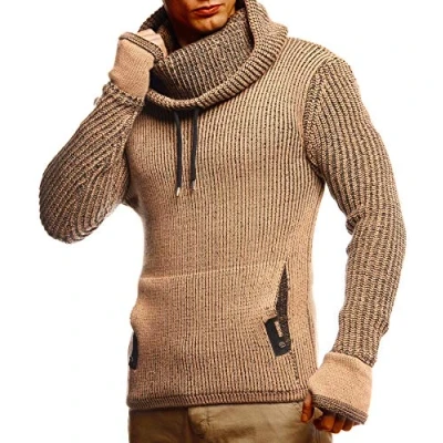 Immagine di Leif Nelson Uomo Maglione in Maglia con Collo Sciallato Lana Moderno a Maniche Lunghe vestibilità Regolare Marrone Ecru Taglia S
