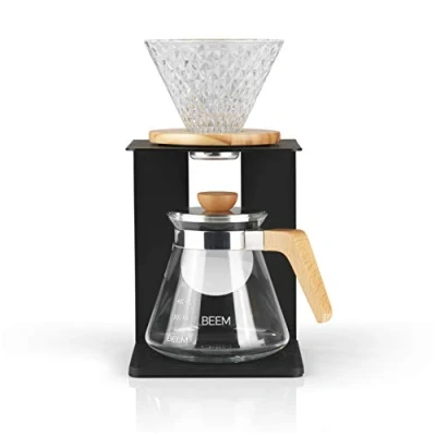 Immagine di Beem Pour Over Set di 4 tazze con filtro a mano in vetro effetto diamante, capacità 2, 0,5 l, coperchio, struttura alta qualità, base silicone