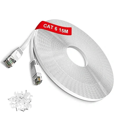 Immagine di Cavo Ethernet 15m Cat6 Piatto POE di Rete ed alta velocità 10/100/1000Mbps RJ45 LAN Patch OFC UTP per Router PC, Console, TV Box, Modem, Bianco