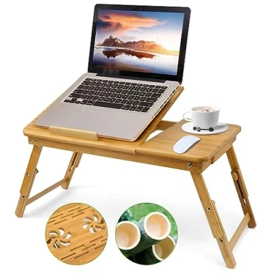 Immagine di Tavolino Letto PC Bambù, con 5 Livelli, Inclinazione Regolabile. Scrivania da Divano Pieghevole per Studiare, Mangiare. Tavolo Portatile Supporto Fori Ventilazione
