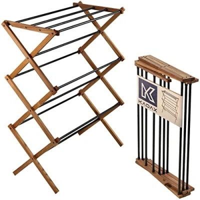 Immagine di KADAX stendibiancheria pieghevole a torre in legno, con 11 aste acciaio e superficie asciutta 7 m², legno ecologico, asciugatrice salvaspazio (altezza 97 cm)