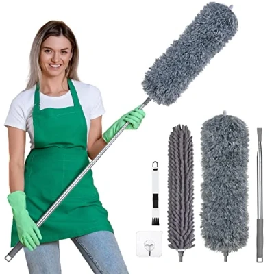 Immagine di Vicloon Spolverino per Polvere Allungabile con Manico Lungo Fino a 254 cm, 1 Manico+2 Piumini+1 Spazzola+1 Ganci Autoadesivi, Microfibra Lavabile Soffitto Ragnatela Ventilatore Tenda