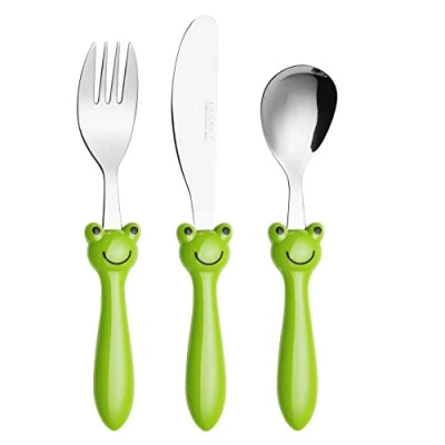 Immagine di EXZACT Bambini Posate Acciaio Inox 3 pezzi/posate bimbi 1 x forchetta, coltelli, Cucchiai Cena (Rana 3)