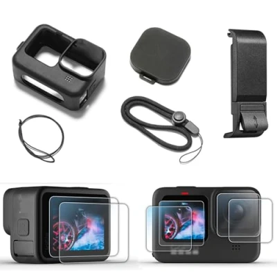 Immagine di Custodia protettiva in silicone nero per Go Pro Hero 12/Hero 11/Hero 10/Hero 9 nero, cover laterale batteria, protezioni schermo, copriobiettivo e cordino 12/11/10/9, kit di accessori