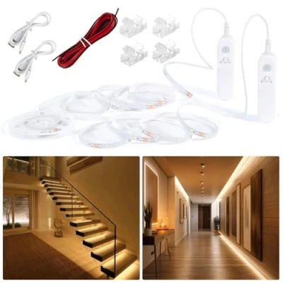 Immagine di Hoobabuy Striscia LED con Sensore Movimento e Luce, Batteria Ricaricabile, Rilevatore Movimento, Illuminazione per Armadio, Scale, Cucina, 5M, Bianco Caldo 2700K