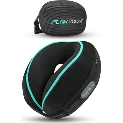 Immagine di FLOWZOOM DREAM Cuscino da viaggio Memory Foam cervicale aereo Poggiatesta auto ergonomico per il collo Federa lavabile Nero Taglia unica