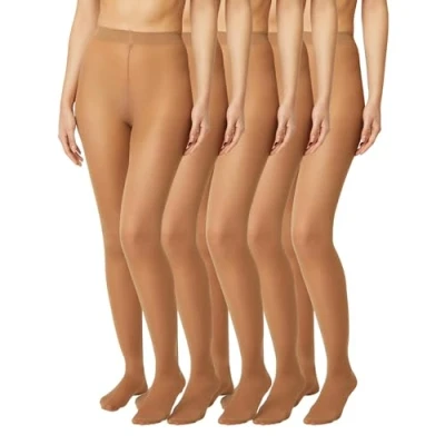 Immagine di FM London (confezione da 5), collant donna, comodi, con design elasticizzato, neri 40 denari, color carne e blu scuro struttura resistente, Nude, L