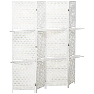 Immagine di HOMCOM Paravento interno 4 pannelli 181 x 180 H cm 2 ripiani pieghevoli divisorio legno di pino bambù fibre carta intrecciata bianco paglia