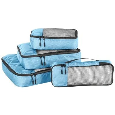 Immagine di Amazon Basics Organizer da Viaggio Salvaspazio per Valigie, con Cerniera, Set 4 Pezzi, Grande/Medio/Piccolo/Sottile, Blu Cielo