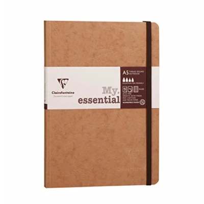 Immagine di Clairefontaine 79346C collezione Age Bag Un taccuino con elastico cucito a filo My.Essential tabacco A5 14, 8x21 cm 192 pagine numerate rigate carta Avorio 90g copertina in lustrée effetto cuoio