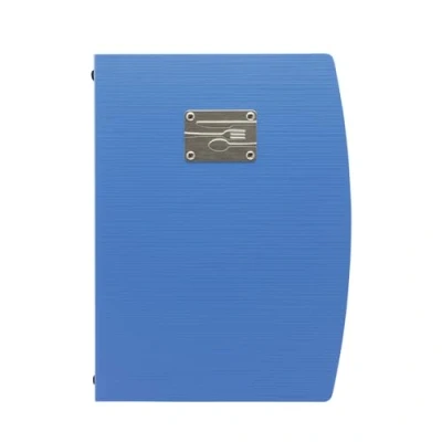 Immagine di SECURIT Porta Menu Linea Rio Per Caffè, Ristoranti, Bar Formato A4 Placca Serigrafata In Acciaio Inox Con Disegno Delle Posate 1 Doppio Inserto Incluso Colore Blu