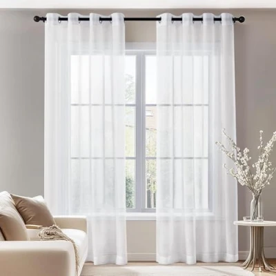 Immagine di Deconovo Tende trasparenti, per soggiorno, in voile, con occhielli, 290x140 cm (altezza x larghezza), bianco, set da 2 pezzi