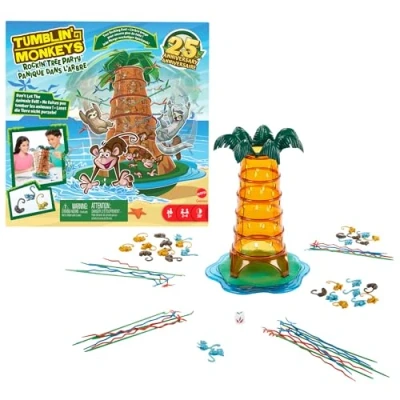 Immagine di Mattel Games Salva le Scimmie Rockin&#039; Tree Party, edizione speciale 25 anniversario con albero che oscilla, animali diversi e bastoncini ondulati a zig zag, giocattolo per bambini, 5+ anni, HTW65
