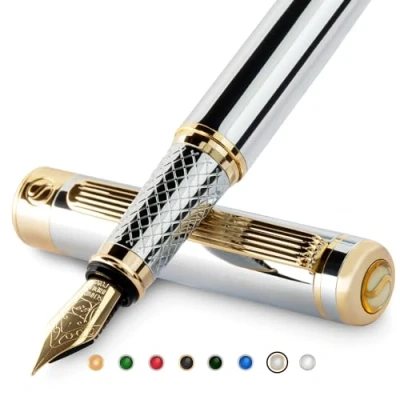 Immagine di Scriveiner Penna stilografica qualità premium mozzafiato con finitura in oro 24 carati, pennino dorato 18 carati (extra fine), argento cromato