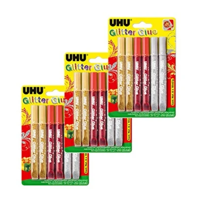Immagine di UHU glitter Glue, colla per fai da te in tubetto con punta dosatrice fine, 6 x 10 ml (3 colori assortiti 3 confezioni)