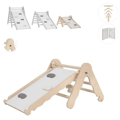 Immagine di MAMOI® Triangolo con Scivolo in Legno Naturale per Bambini, Parete Arco Arrampicata Uso Interno, Percorso Montessori a Partire da 1/2/3 Anni