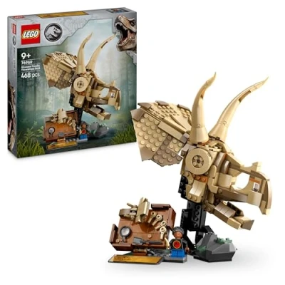 Immagine di LEGO Jurassic World Fossili di Dinosauro: Teschio Triceratopo, Giocattolo da Costruire con Mascella Apribile, Supporto, Minifigure, Targa Informativa e Ambra, Giochi per Bambini 9 Anni 76969