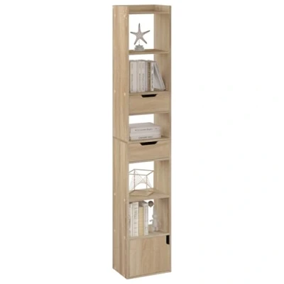 Immagine di WOLTU Libreria, Libreria Verticale Autoportante, Scaffale Salvaspazio, Stretta e Alta, con 2 Cassetti, 6 Ripiani Aperti 1 Scomparto Anta, in Legno, Rovere Chiaro, SK042hei