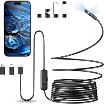 Immagine di Vexloria Endoscopio per Smartphone, Doppia Lente 1920P HD Telecamera Endoscopica, IP68 Impermeabile con 8 LED Cavo Semirigido, non c&#039;è bisogno di Wi Fi Compatibile iOS e Android