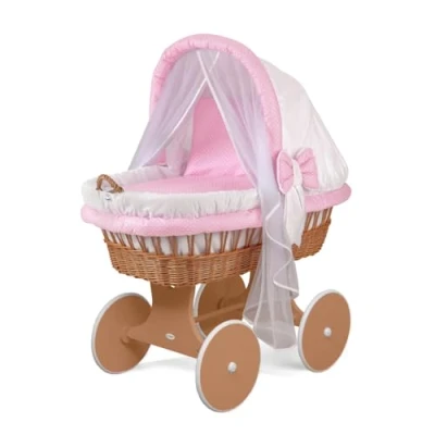Immagine di WALDIN Culla con cappotta,Culla ruote XXL, in 24 VARIANTI, telaio/ruote laccato marrone, colore tessile rosa/a quadri