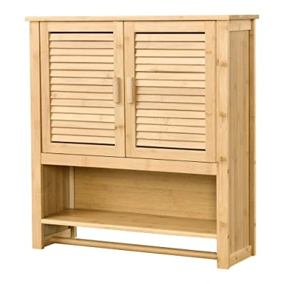 Immagine di Armadietto Pensile da Bagno (AxLxP): 66 x 62 20 cm Mobile Muro con Barra Portaasciugamano, Struttura in bambù 2 Ante e Ripiani