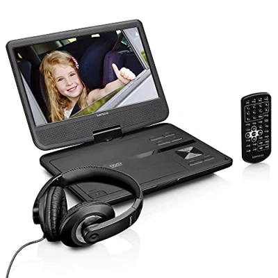 Immagine di Lenco DVP 1010BK lettore DVD portatile da 10 pollici con cuffie e supporto per poggiatesta batteria integrata ingresso USB di schede SD nero