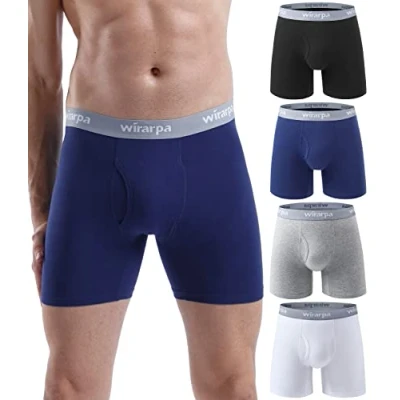Immagine di wirarpa Boxer Uomo Cotone Elasticizzato Mutande Intimo Maschile Senza Etichetta con Mosca Aperta Pacco da 4 Multicolore Nero Grigio Bianco Blu Scuro Dimensione M