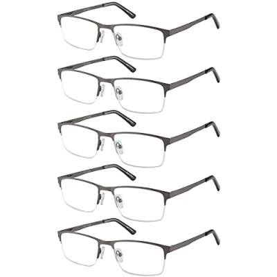 Immagine di EYECEDAR Amcedar 5 pezzi occhiali da lettura uomo montatura quadrata metallo grigio acciaio inossidabile materiale cerniere a molla incluse +3.00