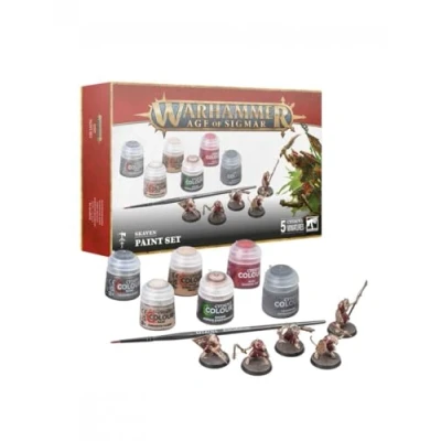 Immagine di Paint Set Skaven Warhammer Age of Sigmar di Pittura con Colori Pennello Starter e 5 miniature Ratti del Clan in plastica da assemblare